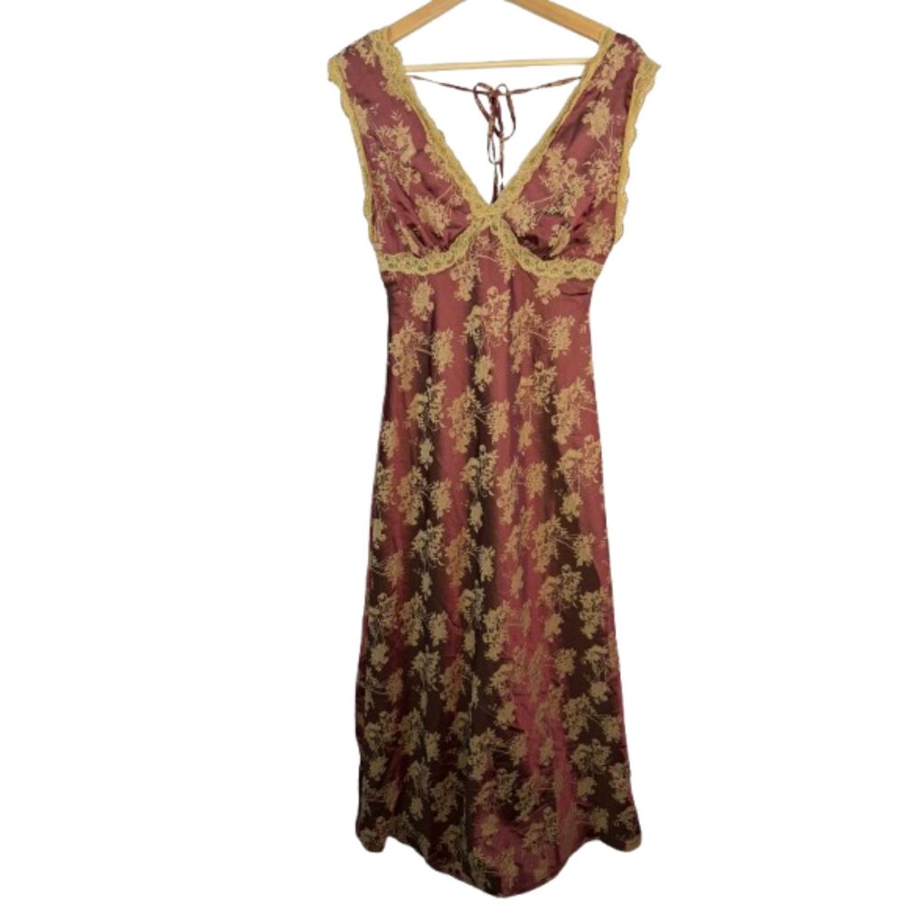 Sincerely Jules NWT Satin Maroon Gold Floral Lace Trim Boho Maxi Dress Size M
